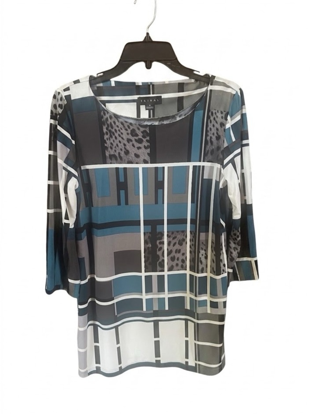 Tribal Blue and Gray Geometric & Animal Print Long Sleeve Top